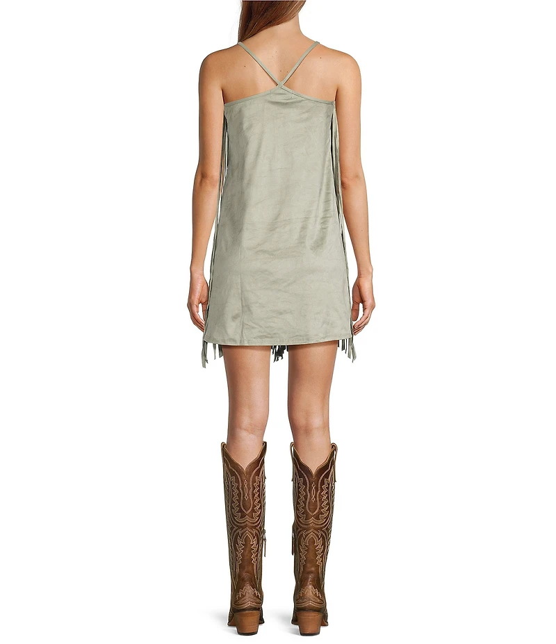 Rock & Roll Denim Microsuede Fringe Scoop Neck Sleeveless Sheath Dress