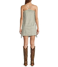 Rock & Roll Denim Microsuede Fringe Scoop Neck Sleeveless Sheath Dress