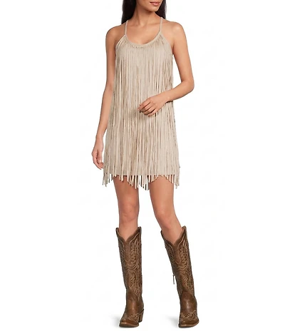 Rock & Roll Denim Microsuede Fringe Scoop Neck Sleeveless Sheath Dress