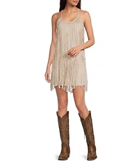 Rock & Roll Denim Microsuede Fringe Scoop Neck Sleeveless Sheath Dress
