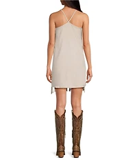 Rock & Roll Denim Microsuede Fringe Scoop Neck Sleeveless Sheath Dress