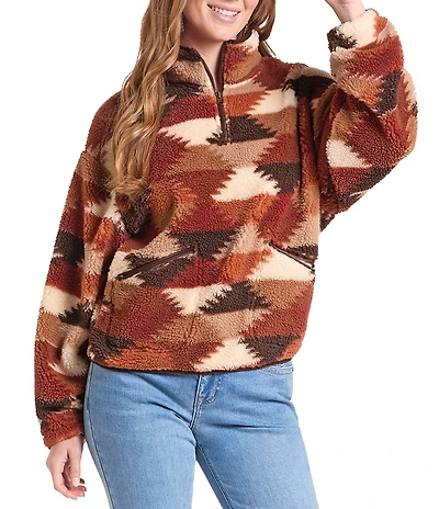 Rock & Roll Denim Patch Hexagon Banded Collar Long Sleeve Sherpa Jacket