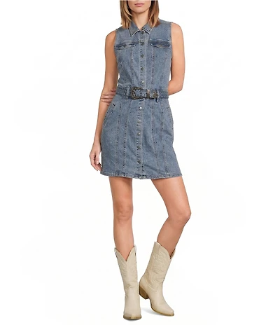 Rock & Roll Denim Point Collar Sleeveless Belted Pencil Dress