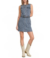 Rock & Roll Denim Point Collar Sleeveless Belted Pencil Dress