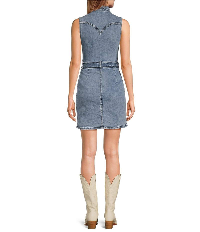 Rock & Roll Denim Point Collar Sleeveless Belted Pencil Dress