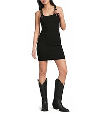 Rock & Roll Denim Ribbed Knit Scoop Neck Sleeveless Bodycon Mini Dress