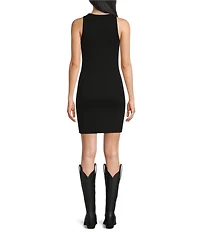 Rock & Roll Denim Ribbed Knit Scoop Neck Sleeveless Bodycon Mini Dress