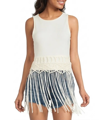 Rock & Roll Denim Ribbed Knit Scoop Neck Sleeveless Macrame Tank Top
