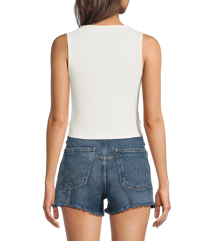 Rock & Roll Denim Ribbed Knit Scoop Neck Sleeveless Macrame Tank Top