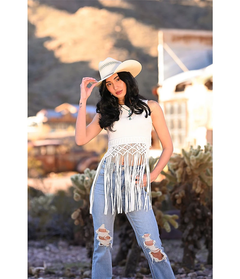 Rock & Roll Denim Ribbed Knit Scoop Neck Sleeveless Macrame Tank Top