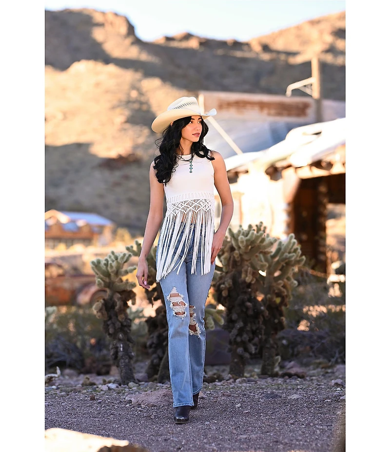 Rock & Roll Denim Ribbed Knit Scoop Neck Sleeveless Macrame Tank Top