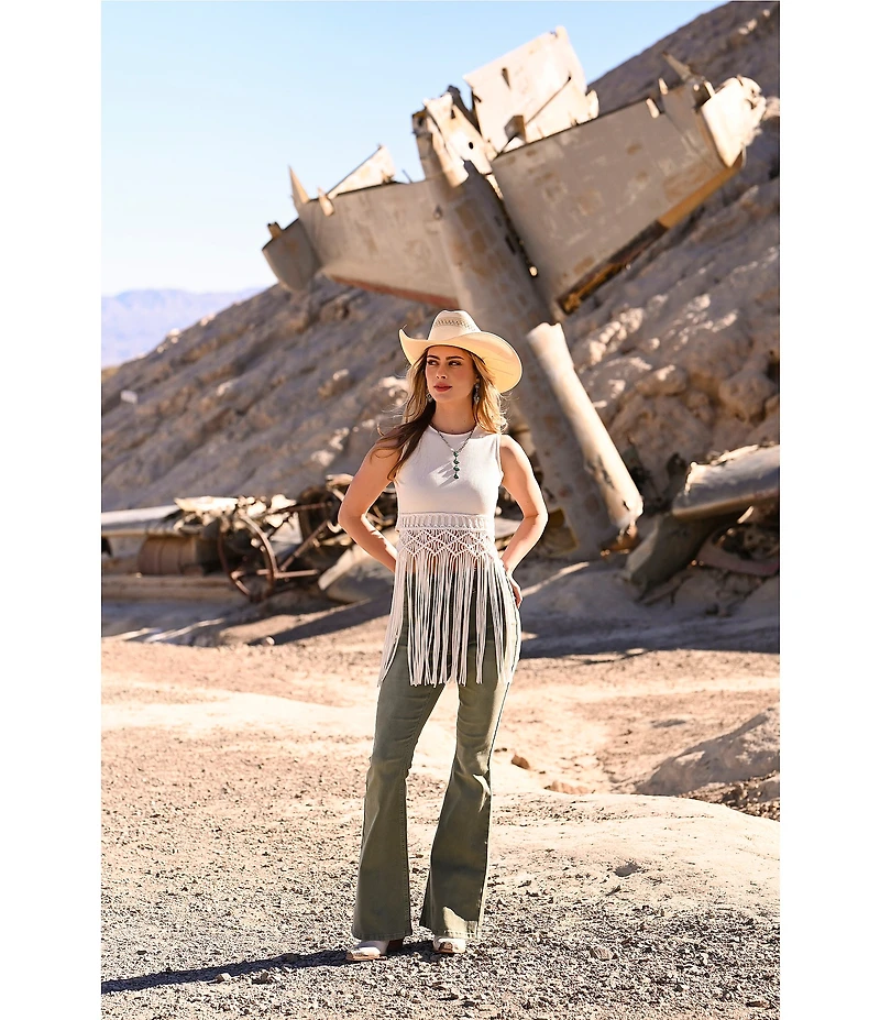 Rock & Roll Denim Ribbed Knit Scoop Neck Sleeveless Macrame Tank Top