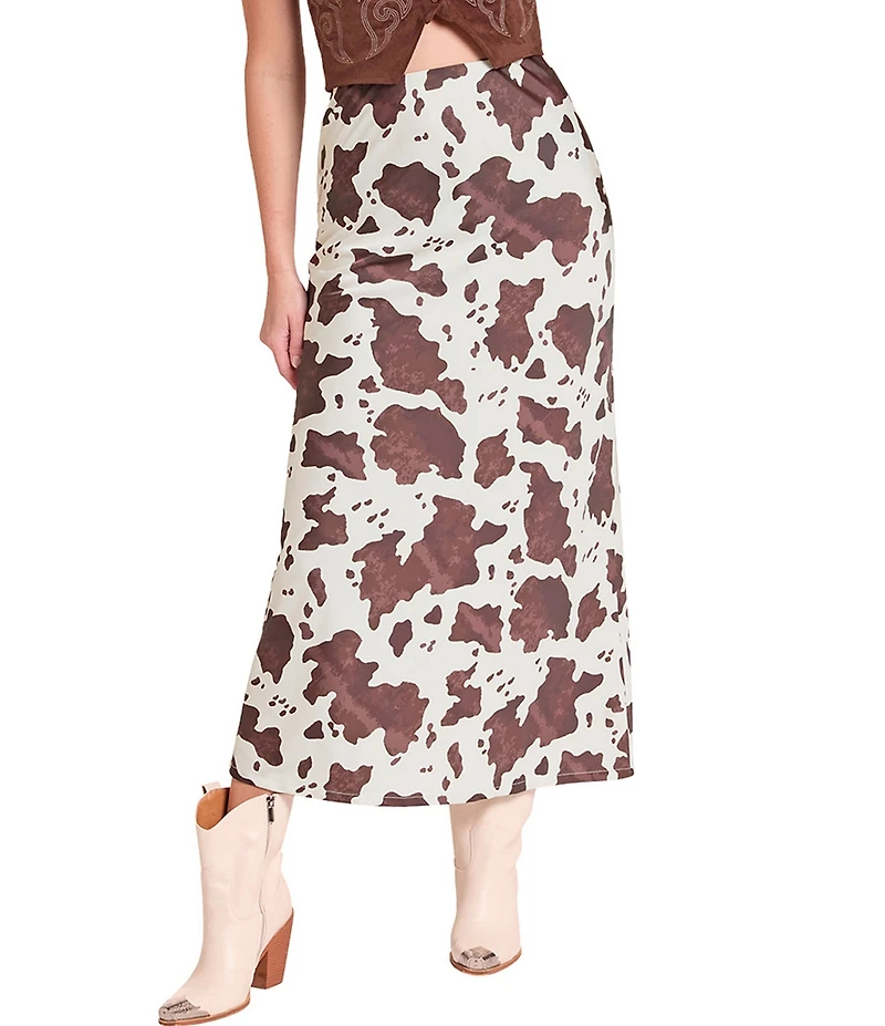 Rock & Roll Denim Satin Cowhide Print High Waist Midi Skirt