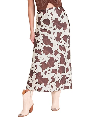 Rock & Roll Denim Satin Cowhide Print High Waist Midi Skirt