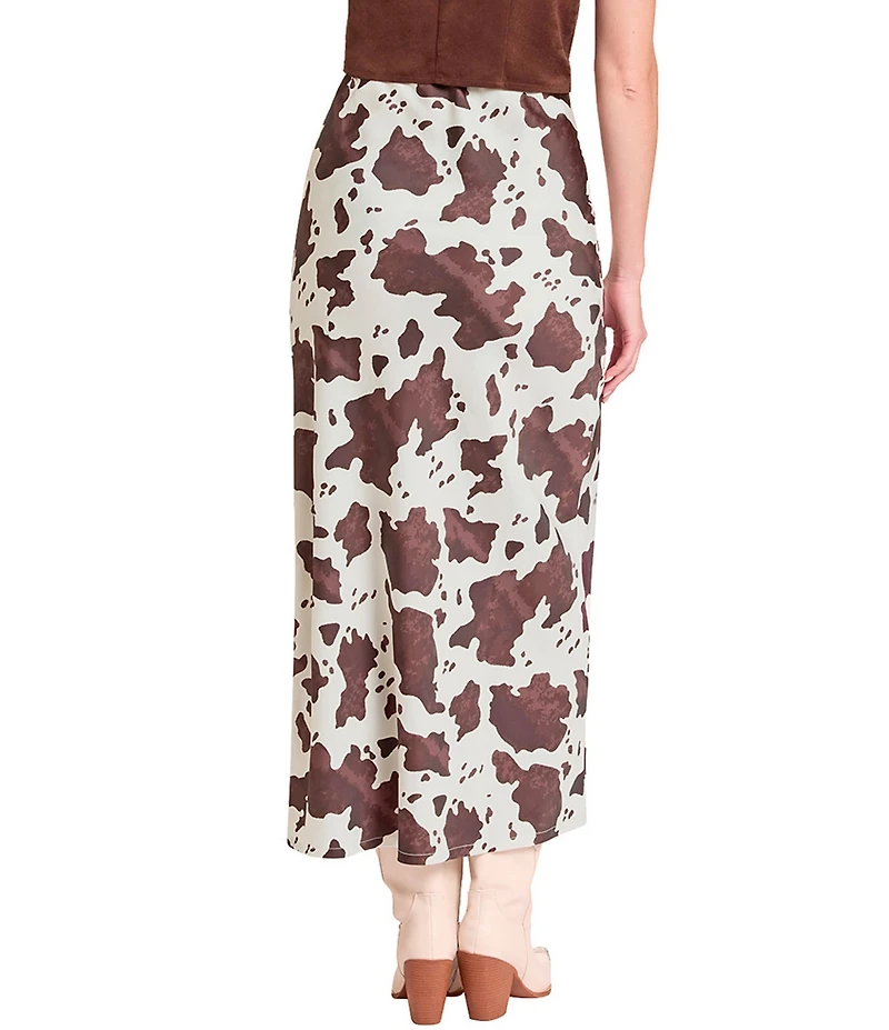 Rock & Roll Denim Satin Cowhide Print High Waist Midi Skirt