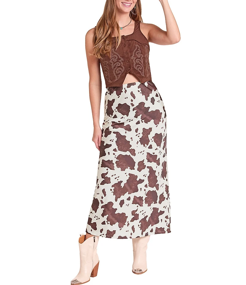 Rock & Roll Denim Satin Cowhide Print High Waist Midi Skirt