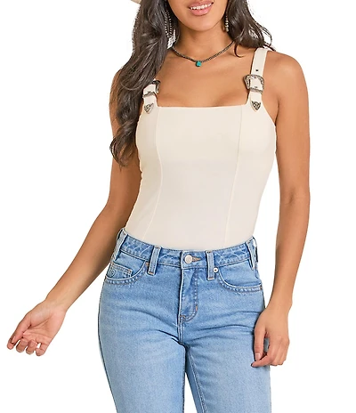 Rock & Roll Denim Square Neck Sleeveless Buckle Strap Tank Top