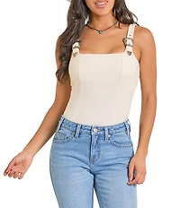 Rock & Roll Denim Square Neck Sleeveless Buckle Strap Tank Top