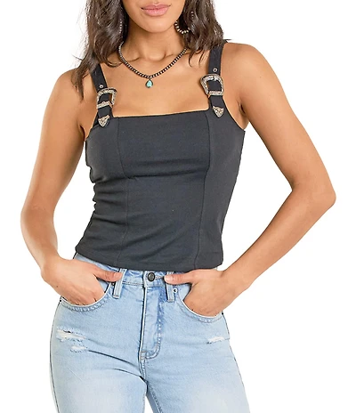 Rock & Roll Denim Square Neck Sleeveless Buckle Strap Tank Top