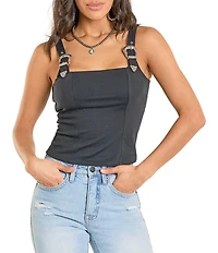 Rock & Roll Denim Square Neck Sleeveless Buckle Strap Tank Top