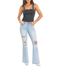 Rock & Roll Denim Square Neck Sleeveless Buckle Strap Tank Top