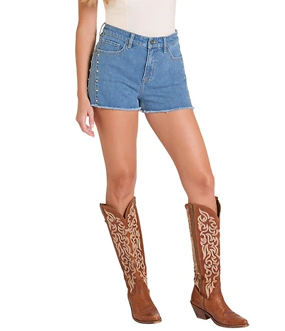 Rock & Roll Denim Stretch Denim High Rise Studded Frayed Shorts