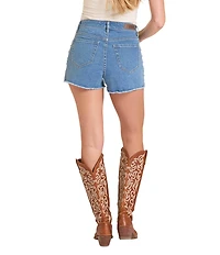Rock & Roll Denim Stretch Denim High Rise Studded Frayed Shorts