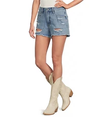 Rock & Roll Denim Stretch Denim Mid Rise Distressed Shorts