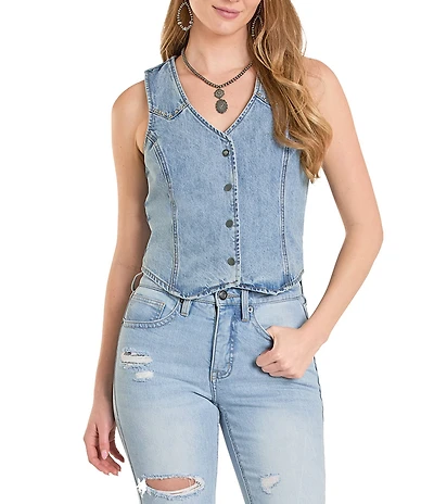 Rock & Roll Denim Studded V-Neck Sleeveless Fringe Vest