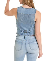 Rock & Roll Denim Studded V-Neck Sleeveless Fringe Vest