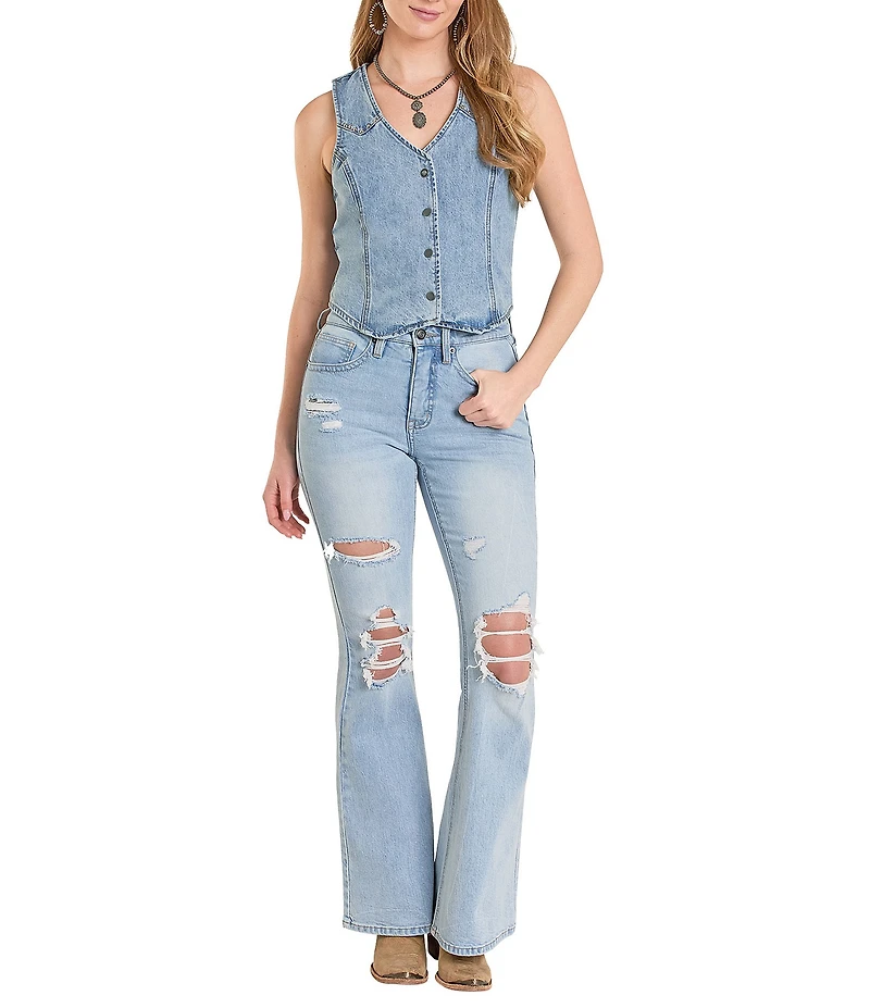 Rock & Roll Denim Studded V-Neck Sleeveless Fringe Vest
