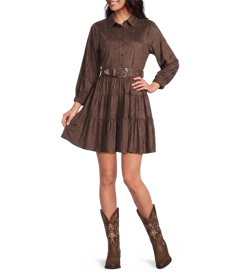 Rock & Roll Denim Suede Collar Neck Long Sleeve Dress
