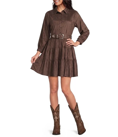 Rock & Roll Denim Suede Collar Neck Long Sleeve Dress