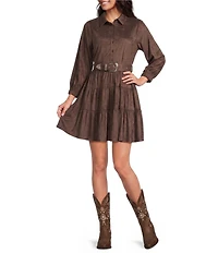 Rock & Roll Denim Suede Collar Neck Long Sleeve Dress