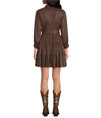 Rock & Roll Denim Suede Collar Neck Long Sleeve Dress