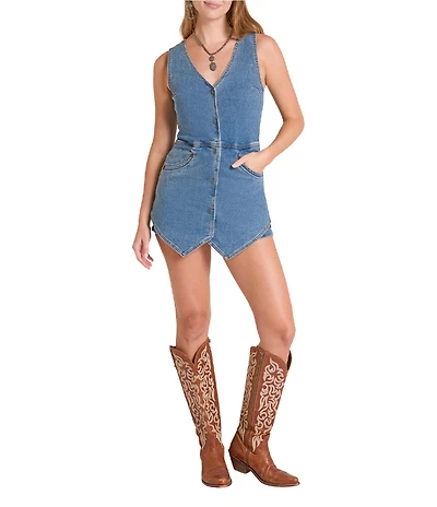 Rock & Roll Denim V-Neck Sleeveless Denim Vest Romper