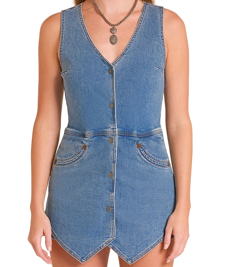 Rock & Roll Denim V-Neck Sleeveless Denim Vest Romper