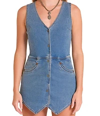 Rock & Roll Denim V-Neck Sleeveless Denim Vest Romper