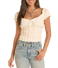 Rock & Roll Denim Woven Sweetheart Neck Cap Sleeve Smocked Top