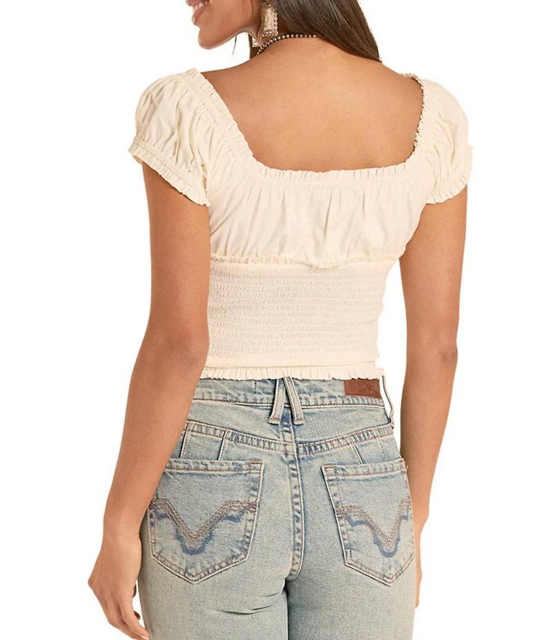 Rock & Roll Denim Woven Sweetheart Neck Cap Sleeve Smocked Top