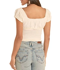 Rock & Roll Denim Woven Sweetheart Neck Cap Sleeve Smocked Top