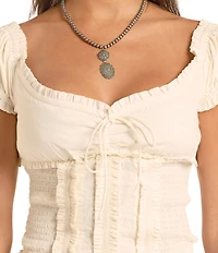Rock & Roll Denim Woven Sweetheart Neck Cap Sleeve Smocked Top