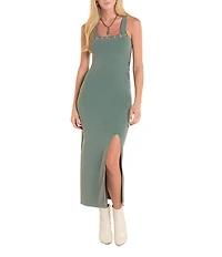 Rock & Roll Ribbed Knit Square Neck Sleeveless Ruched Side Midi Length Dress