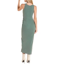 Rock & Roll Ribbed Knit Square Neck Sleeveless Ruched Side Midi Length Dress