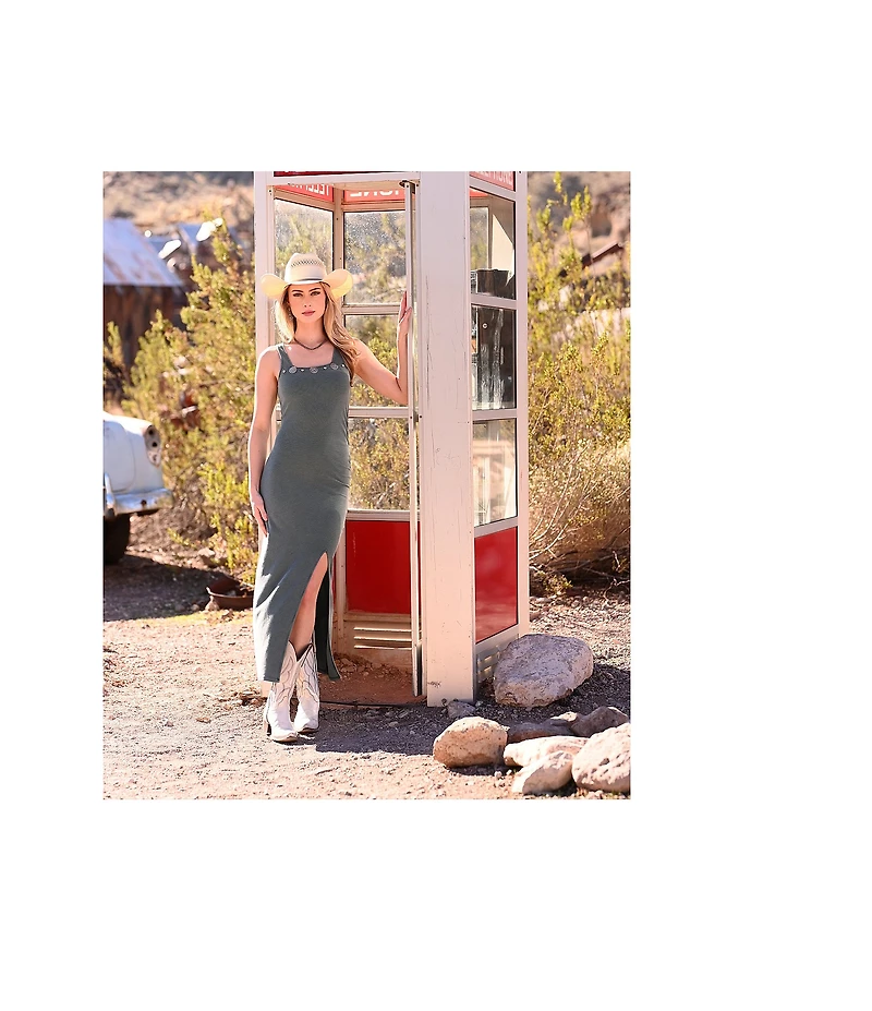 Rock & Roll Ribbed Knit Square Neck Sleeveless Ruched Side Midi Length Dress