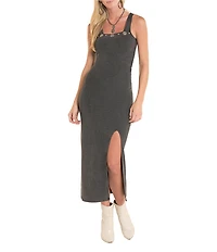 Rock & Roll Ribbed Knit Square Neck Sleeveless Ruched Side Midi Length Dress