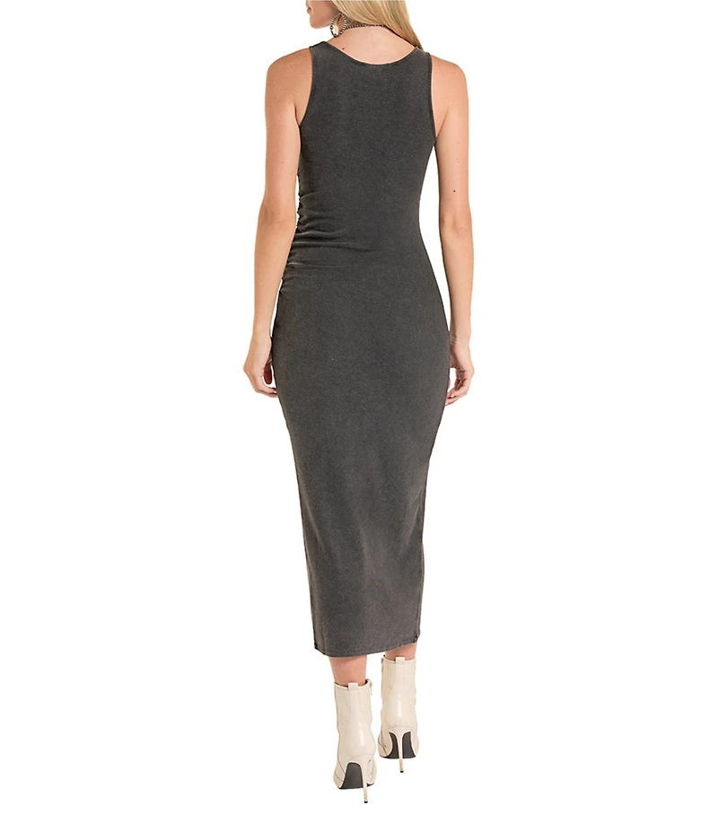 Rock & Roll Ribbed Knit Square Neck Sleeveless Ruched Side Midi Length Dress