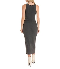 Rock & Roll Ribbed Knit Square Neck Sleeveless Ruched Side Midi Length Dress