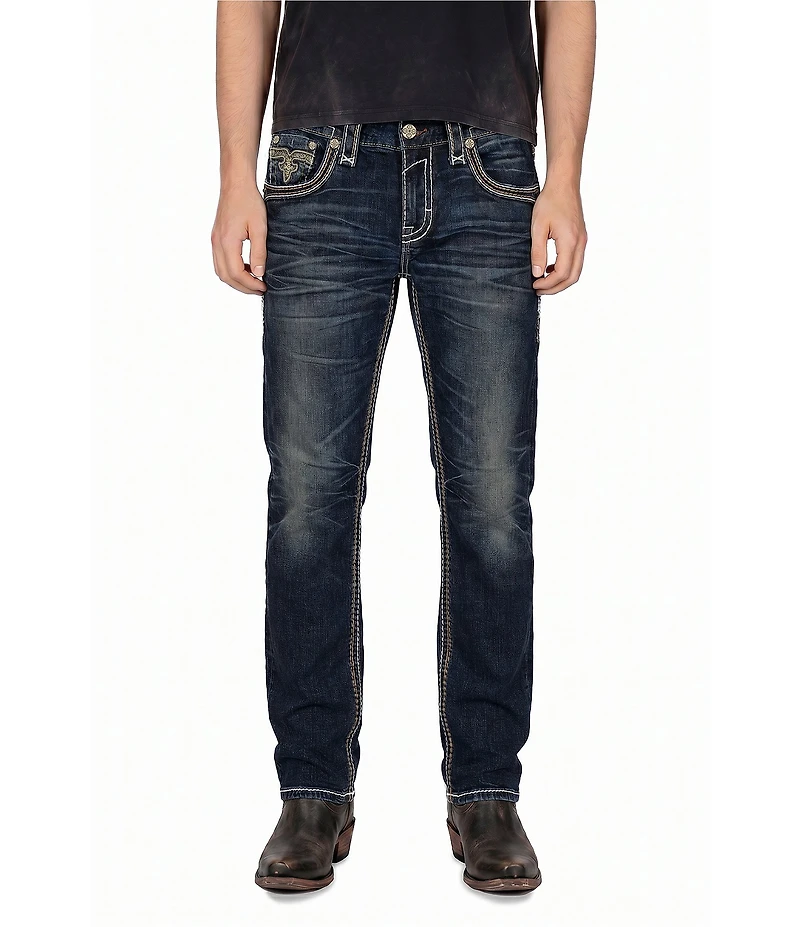 Rock Revival 32#double; Whiskering, And Subtle Fading Straight Leg Jeans