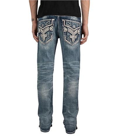 Rock Revival Braylon 32#double; Straight Leg Oversized-Fleur-De-Lis-Embroidered-Pocket Jeans